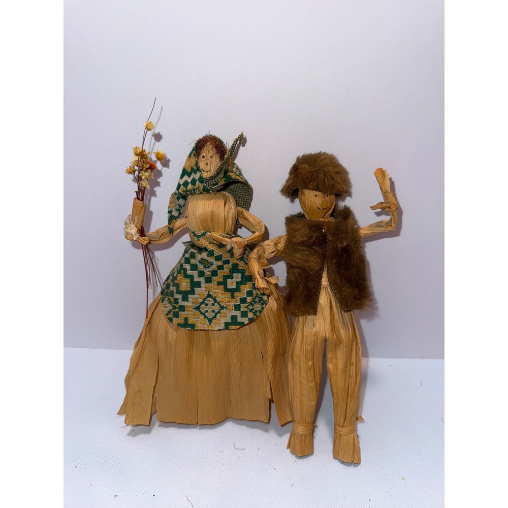 Vintage Corn Husk Doll Pair Folk Art Figures Man Woman Rustic Harvest Decor‎ 8"